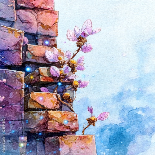 Stone wall, pastel flowers, glowing light