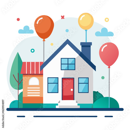 An icon showing a house decorated with balloons, suggesting a housewarming party, celebration, a new home, or a successful real estate purchase.
