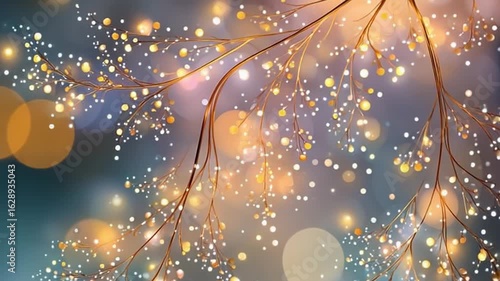 Abstract illustration of glowing branches with colorful bokeh lights in a dreamy background, creating a magical atmosphere for seasonal or festive themes