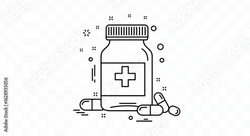 Illustration of a medicine bottle with a cross and capsules in a simple black and white design style