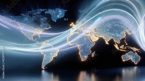 Abstract world map illustration with glowing lines and digital elements, representing global connectivity and technological advancement in a modern design