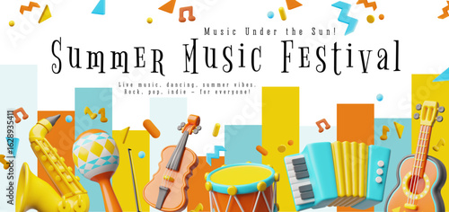 Summer music festival, live music under the sun, Rock, Pop, Indie, 3D banner vector design, realistic music instruments