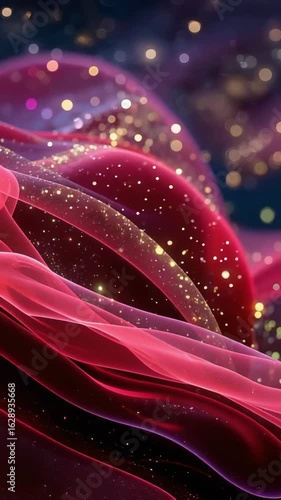 Abstract illustration of flowing red fabric with shimmering particles, creating a dreamy atmosphere, showcasing vibrant colors and ethereal textures, ideal for backgrounds and design projects