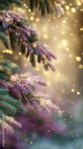 Evergreen branches adorned with delicate frost and shimmering lights create a magical winter atmosphere, enhancing the festive spirit and inviting warmth during the holiday season