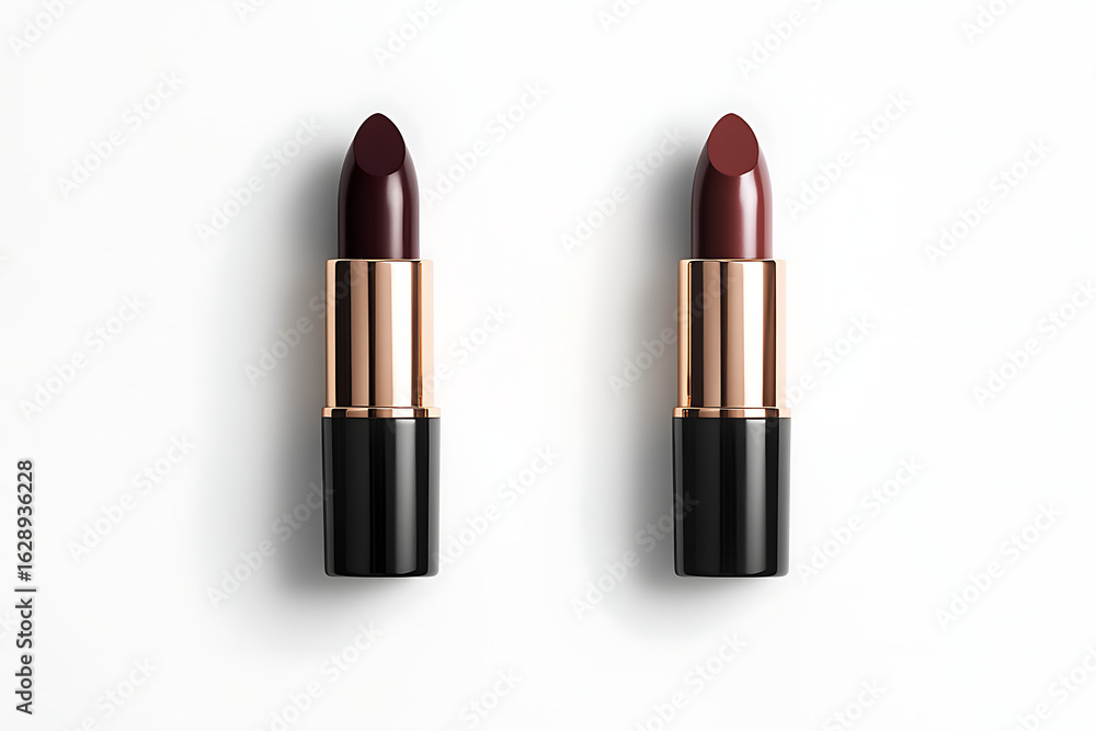 Obraz premium Discover luxurious deep red and plum lipstick shades, elegantly presented in chic rose gold and black casings for a sophisticated makeup statement.