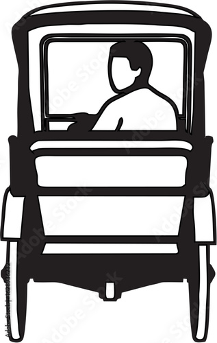 Abstract black and white vector art of a historical transport vehicle, with a driver's silhouette, seen from the rear, conveying concepts of journey, nostalgia, and classic design.