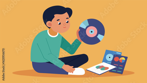 A boy sits crosslegged on the floor carefully examining the sleeve of a vinyl record with intricate artwork citing off facts he learned about the band Vector illustration