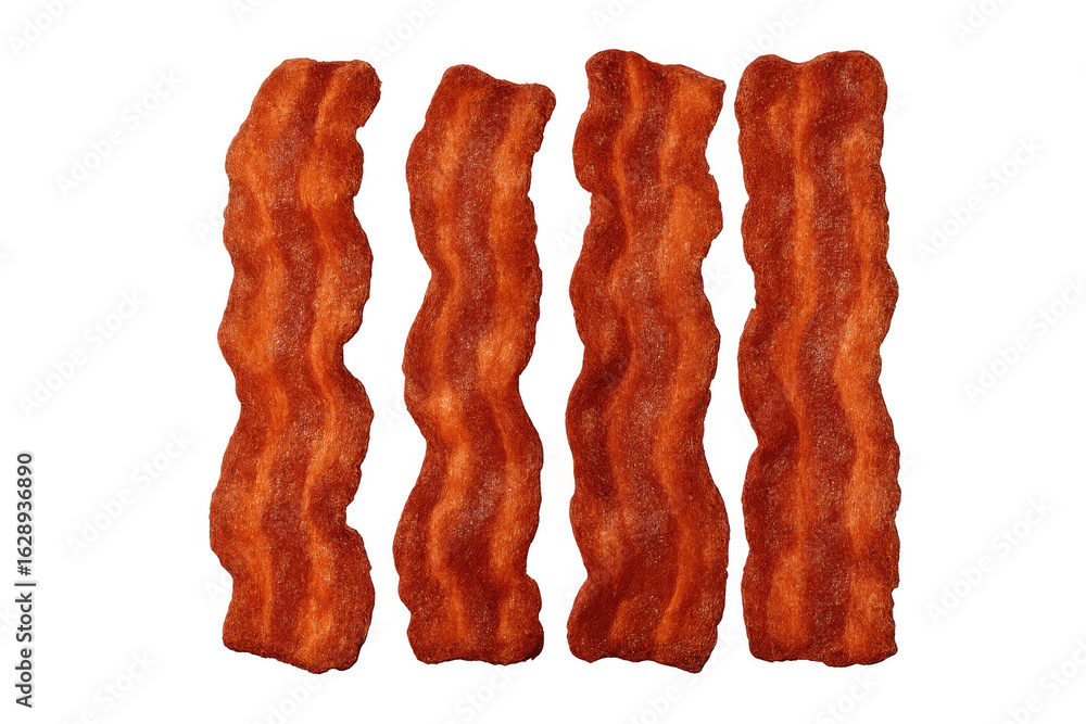 Fototapeta premium Four perfectly cooked crispy bacon strips sizzling with flavor, isolated on a transparent background, ready for any culinary creation