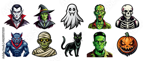 A set of ten colorful, cartoon-style icons of classic Halloween monsters—Dracula, witch, ghost, zombie, Frankenstein's monster, and werewolf. Ideal for stickers, games, or party invites