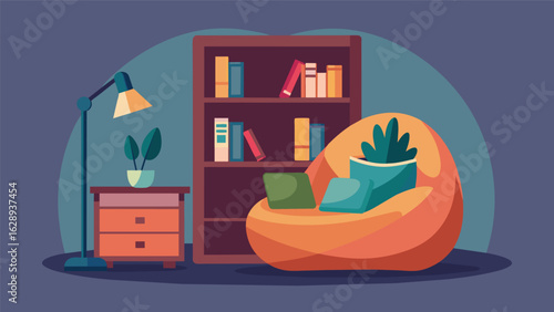 A nook created by a bookcase acting as a partition with a bean bag chair and a soft throw making for a cozy and private reading corner..