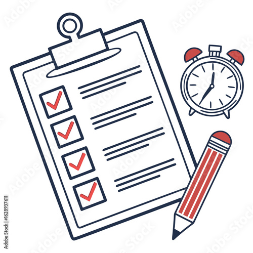 Checklist on clipboard with alarm clock and pencil, signifying planning and time management.