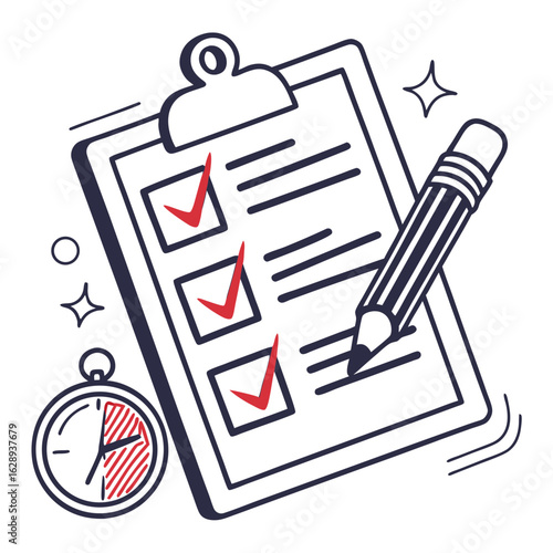 Checklist on clipboard with pencil and timer, signifying task management and time efficiency.