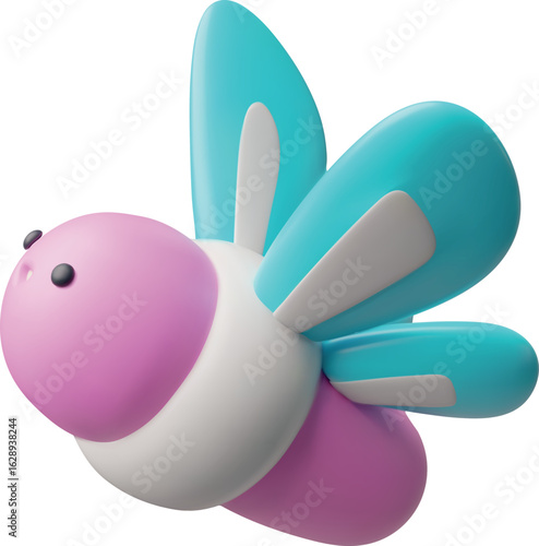 Cute 3d butterfly flying up, pink with blue wings, insect, side view.