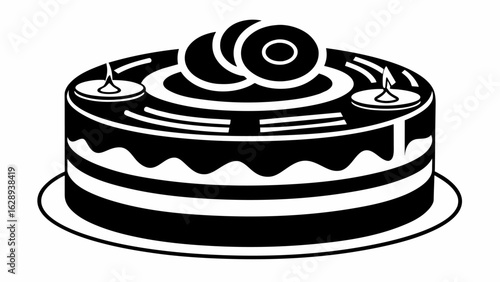 A monochromatic masterpiece with black and white fondant layers each detailed with intricate designs inspired by classic vinyl records. Vector illustration