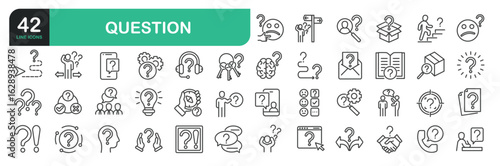 Set of line icons related to question, inforamtion, help, think. Outline icons collection. Editable stroke. Vector illustration. stock illustration