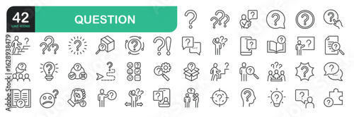 Set of line icons related to question, inforamtion, help, think. Outline icons collection. Editable stroke. Vector illustration. stock illustration