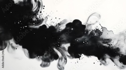 Black ink disperses and swirls in a white liquid, creating a cloudy, textured abstract form.