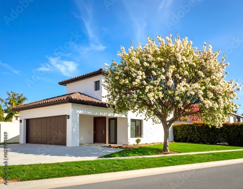 Modern house with blossoming tree