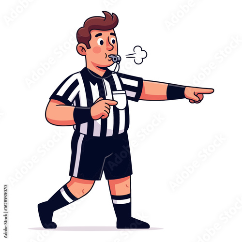 Cartoon sports referee blowing a whistle and pointing to make a call. An illustration of a game official enforcing rules.
