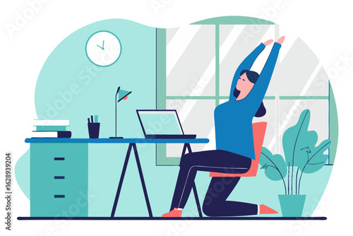A flat illustration of a woman in an office chair stretching at her desk, with a laptop and plants, representing a break from work, wellness, and remote work.