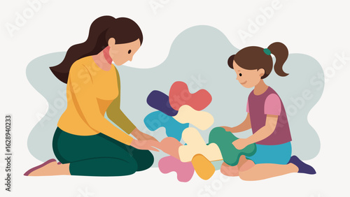 A mother and daughter sitting side by side ting out shapes of soft pastelcolored felt and stitching them together to create a whimsical wall hanging..