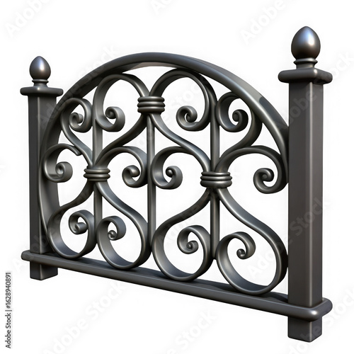 Ornate gray metal fence section 3D render wrought iron isolated on a transparent background