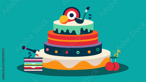A cake showcasing a playful mix of music genres with layers representing everything from rock to jazz to classical records. Vector illustration
