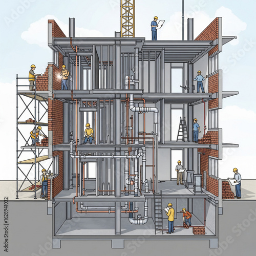 Vector cutaway of a building under construction showing steel frame, plumbing installation, brick layering, and workers.