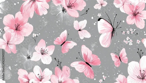 Delicate pink and gray floral pattern with butterflies