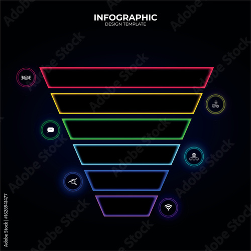 Modern and multicolored funnel chart template with 6 sections. Creative diagram divided into six parts with technology icons and place for your text content. Social media marketing. Futuristic element