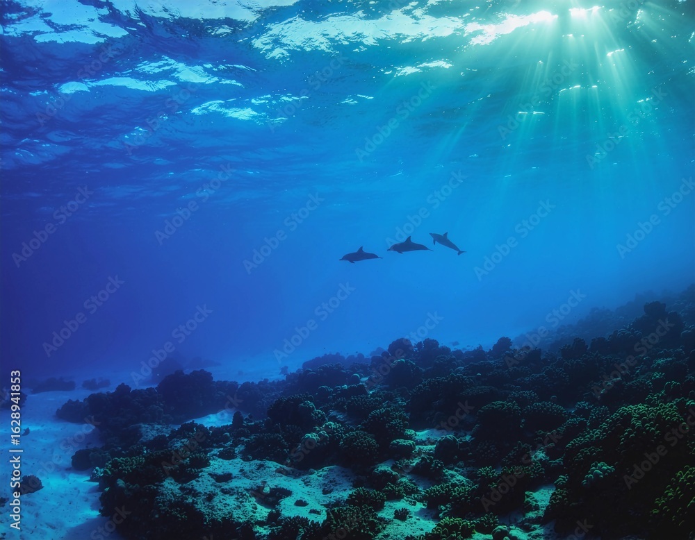Fototapeta premium Underwater View with Sun Rays and Dolphins