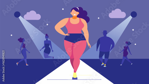 A fit and model confidently walks the runway in a set of matching activewear representing the idea that being healthy and active comes in all shapes. Vector illustration