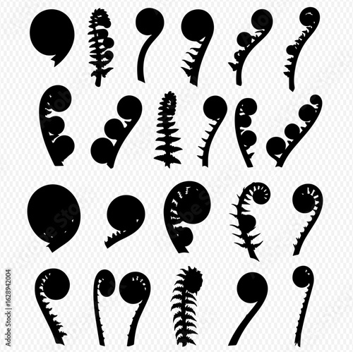 A collection of black silhouette icons showing various fern fiddleheads and unfurling fronds.