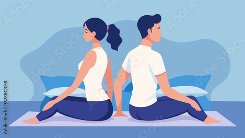 A couple sits back to back on their bed their spines gently supported by pillows as they practice a Seated Spinal Twist to release tension from their. Vector illustration