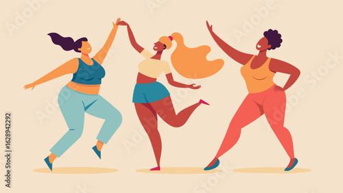 A group of dancers proudly showcase their stretch marks and cellulite while grooving to their favorite songs emphasizing that dance is for every body.. Vector illustration