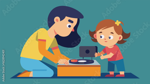 A child intently watching their parent as they carefully assemble the record player eager to help in any way they can. Vector illustration