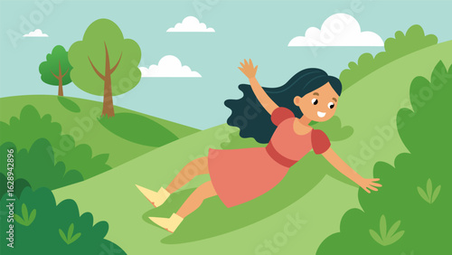 A girl effortlessly gliding down a sloping hill surrounded by lush green trees feeling free and alive.. Vector illustration