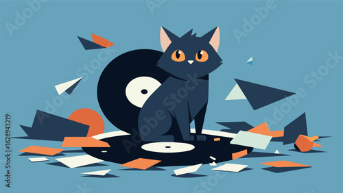 A curious cat sitting a tered record pieces trying to decipher which ones will fit together to reveal a unique album cover. Vector illustration