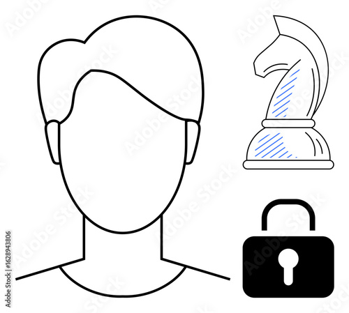 Abstract human face outline, knight chess piece, locked padlock. Ideal for identity, security, strategy, planning, decision-making protection and personal data concepts. Flat simple metaphor