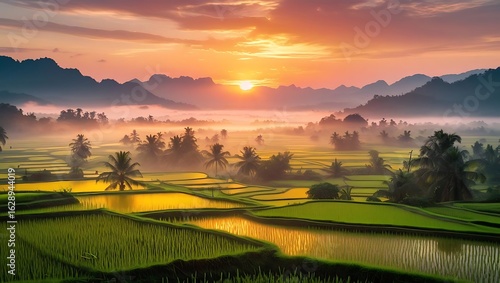 Golden sunrise over misty rice terraces and lush green landscape
