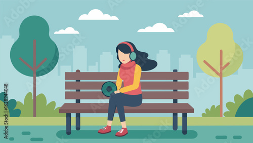 A quiet park bench where a young woman sits alone listening to her favorite vinyl album through her headphones. Vector illustration