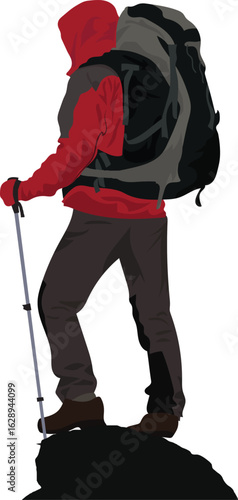 Hiker with backpack and trekking poles for adventure on mountain top , travel and journey. Cartoon style vector illustration on isolated background.