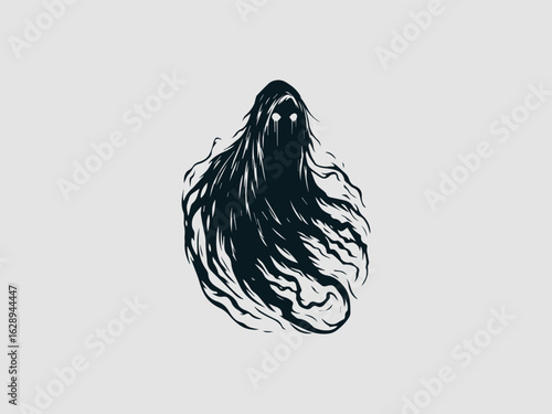 Eerie black silhouette of a spooky ghost with glowing white eyes floating on a solid white background for halloween