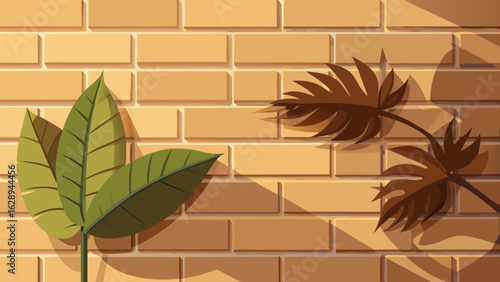 A stylized illustration showing vibrant green leaves against a textured brick wall, with the shadow of another plant cast on the bricks, suggesting a sunny outdoor scene.