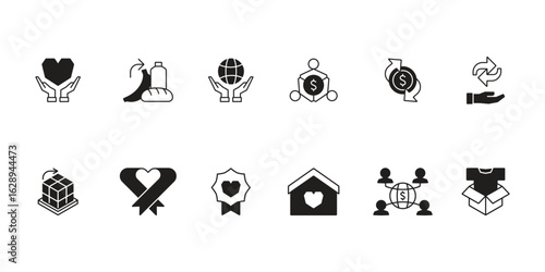 Charity and social welfare icon set collection for giving, nonprofit organizations, volunteering, donation, community support, humanitarian aid, and global relief