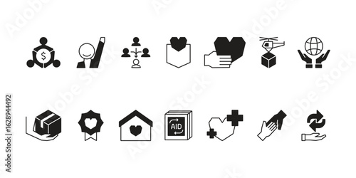 Charity and social welfare icon set collection for giving, nonprofit organizations, volunteering, donation, community support, humanitarian aid, and global relief