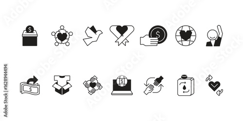 Charity and social welfare icon set collection for giving, nonprofit organizations, volunteering, donation, community support, humanitarian aid, and global relief