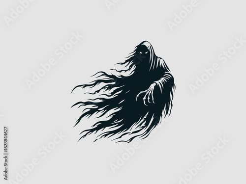 Eerie black silhouette of a spooky ghost with glowing white eyes floating on a solid white background for halloween