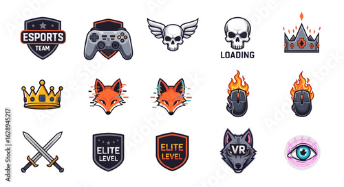 Collection of gaming themed icons including skulls foxes crowns and elite level badges displayed