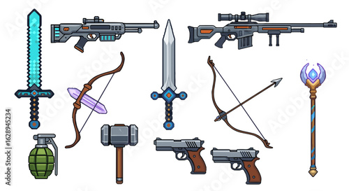 Collection of pixelated fantasy and modern weaponry including swords bows guns and a grenade for games